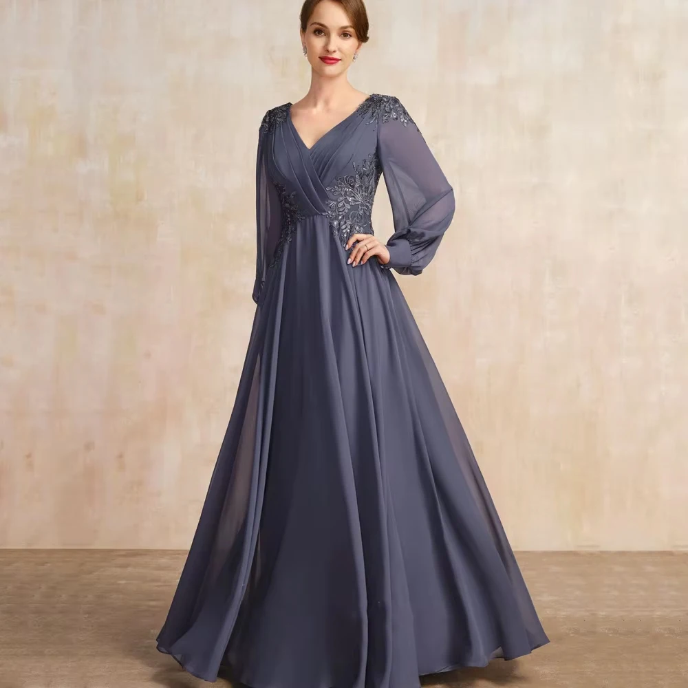 Personalizado chiffon uma linha elegante mãe de vestidos manga longa com decote em v formal vestido de noite applique vestido de festa de casamento