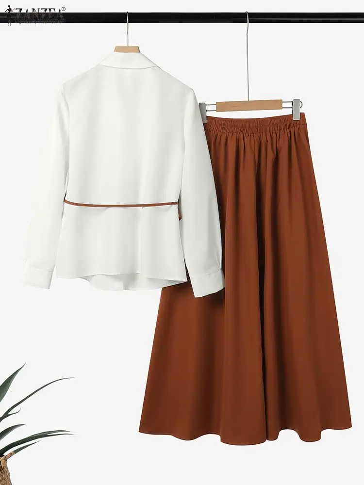 ZANZEA Women Autumn 2 Piece Outfits Long Sleeve Patchwork Shirts and Long Skirts Fashion Dress Sets 2025 Elegant Office OL 2pcs