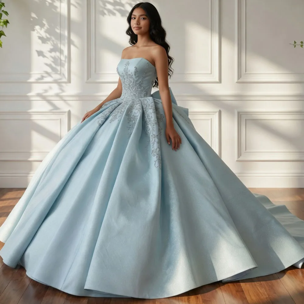 

Blue Strapless Sleeveless Lace Up Back Quinceanera Dress With Beading Embroidery Bow Customizable Special Occasion Gown