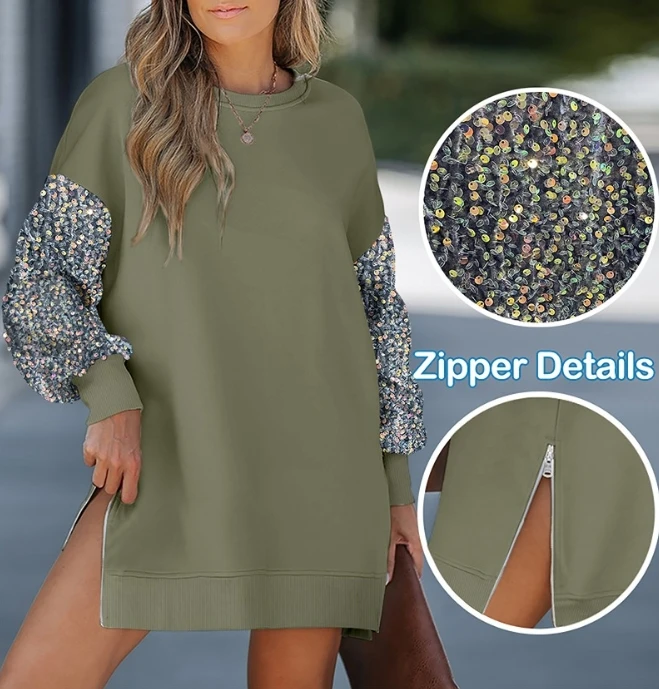 Fashion Dresses Long Sleeve Contrast Sequin Zipper Design Sweatshirt Dress Elegant Dresses for Women Shipped Within 48 Hours