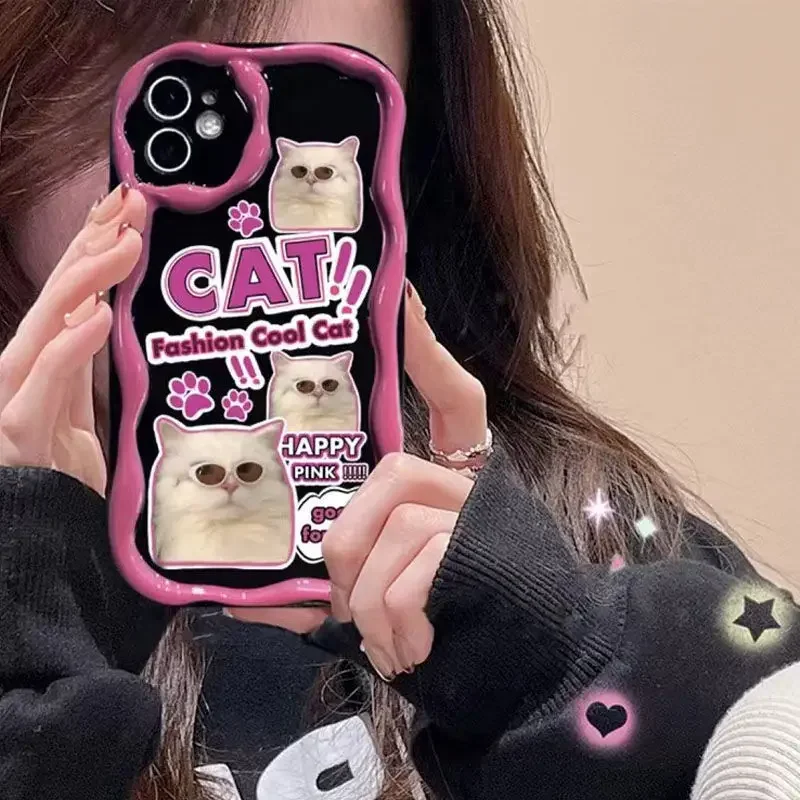 Funny Cat Cute Curly Wave Edge Cream Case for Realme C53 C63 C55 C67 C65 C35 C33 C21Y C25Y C30 C31 10 8 12 Pro Plus GT6 5G Cover