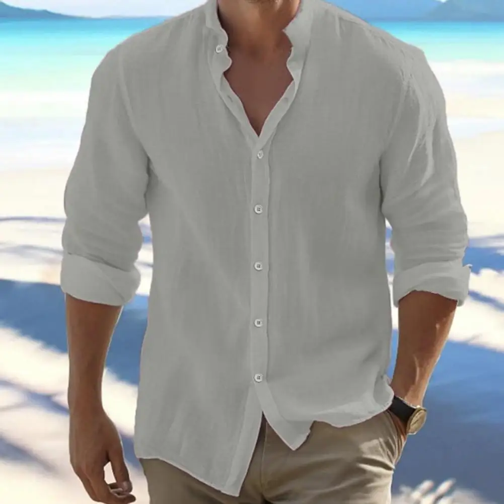 

Men Shirt Linen Blend Button-down Stand Collar Cardigan Long Sleeves Cardigan Loose Mid Length Casual Office Business Top
