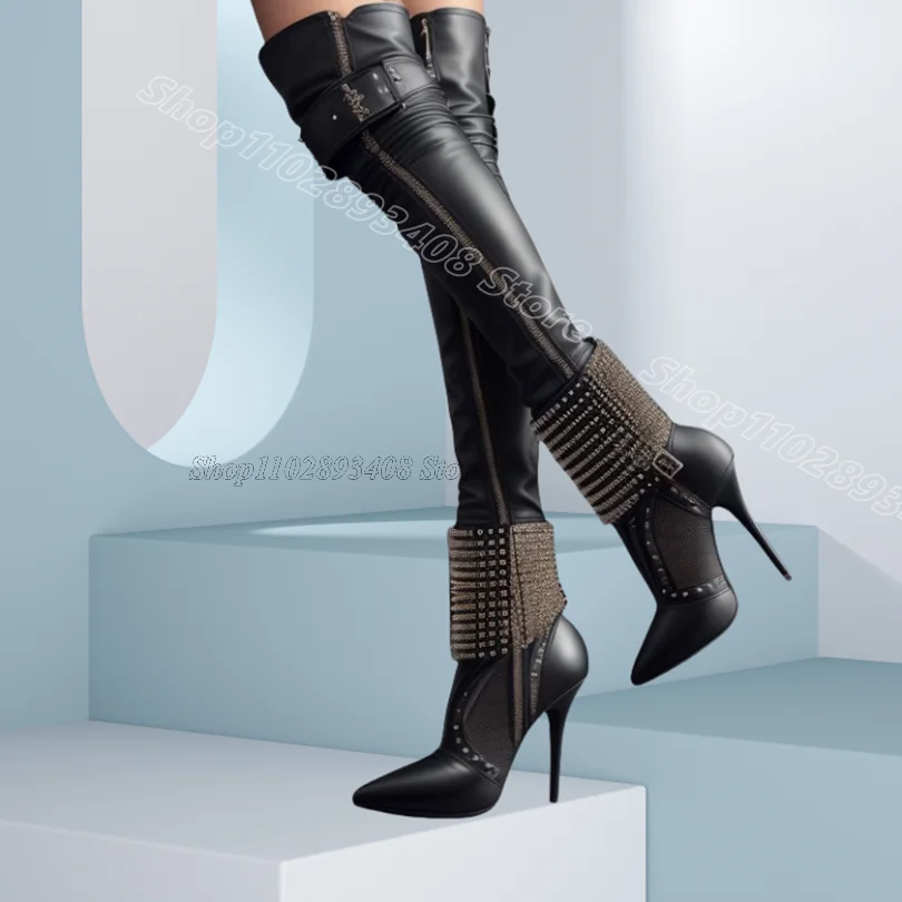 

Black Rivet Stiletto Sexy Boots Pointed Toe British Style Leather Women Spring New Fashion Over Knee Boots Zapatos Para Mujere