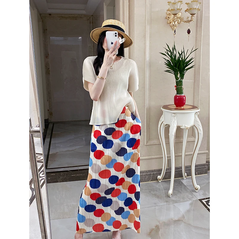 

Pleated 2023 Summer Women's Fashion Retro Polka Dot Mid Length Skirt High Waisted A-line Skirt French Mid Length Skirt