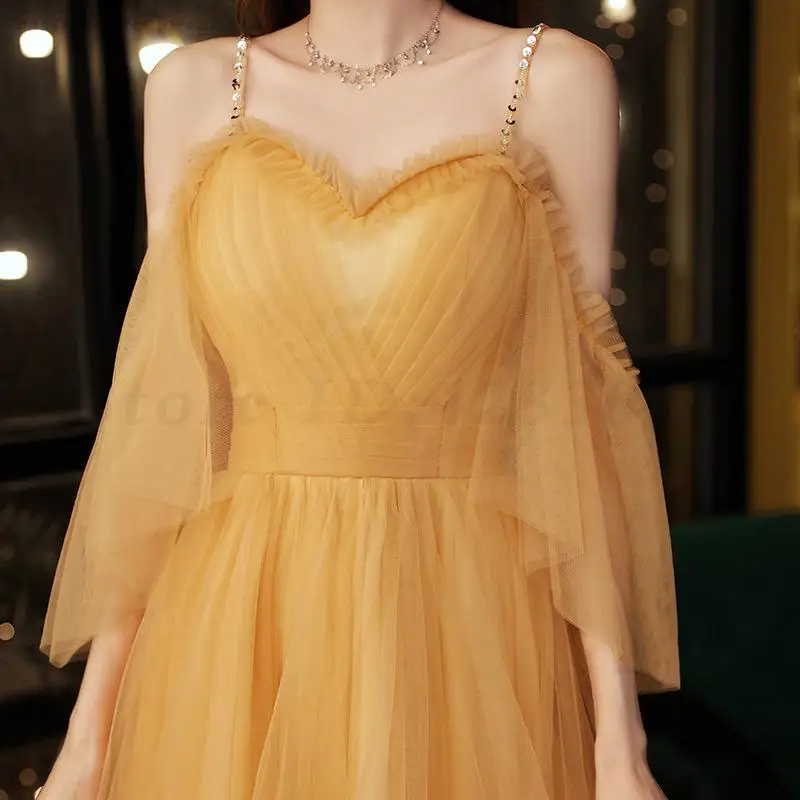 Sexy Suspender Dress Yellow Elegant Temperament Evening Gown French Luxury Fairy Princess Gown Annual Prom Party Host Cheongsam