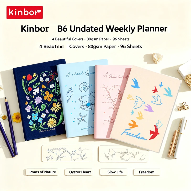Kinbor Self-Filled B6 Weekly Planner,Original Design Embroidered PU Cover,Aesthetics Notebook For Work/Study/Journal/Plan Gifts