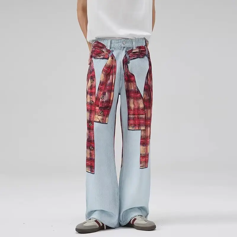 

Spring and summer men's and women's 3D digital printed checkered shirt pattern casual street loose straight leg jeans