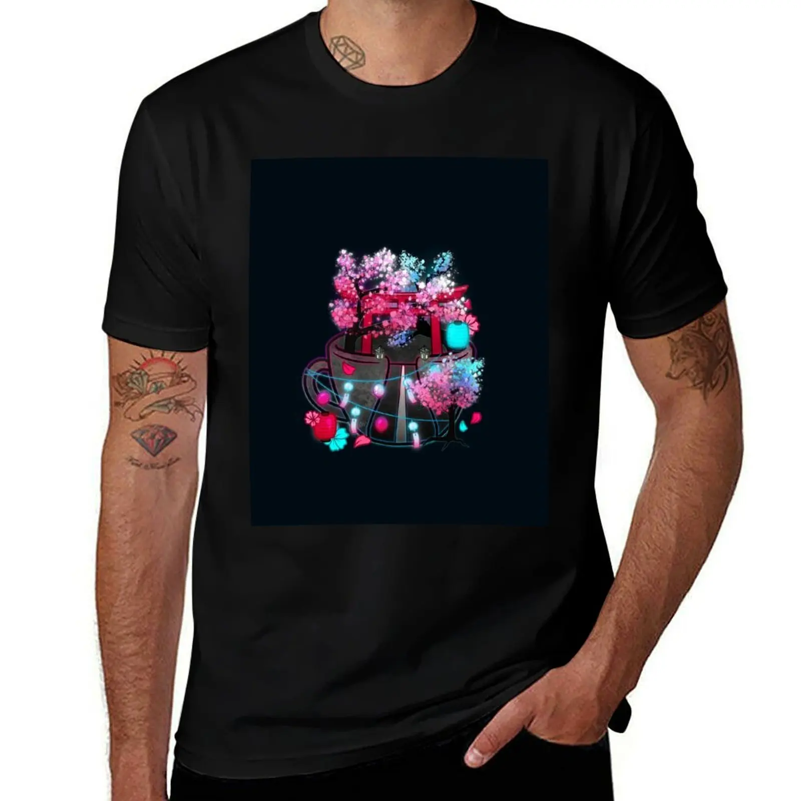 Cyberpunk Sakura Teacup T-Shirt Breathable Basic Cotton T-Shirt