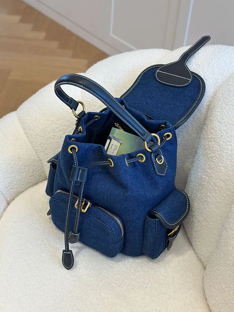 Denim Blue Women's Backpack 2026 New Style Commuter Travel Handbag Soft Handle Casual Pure Color Fashionable Lightweight