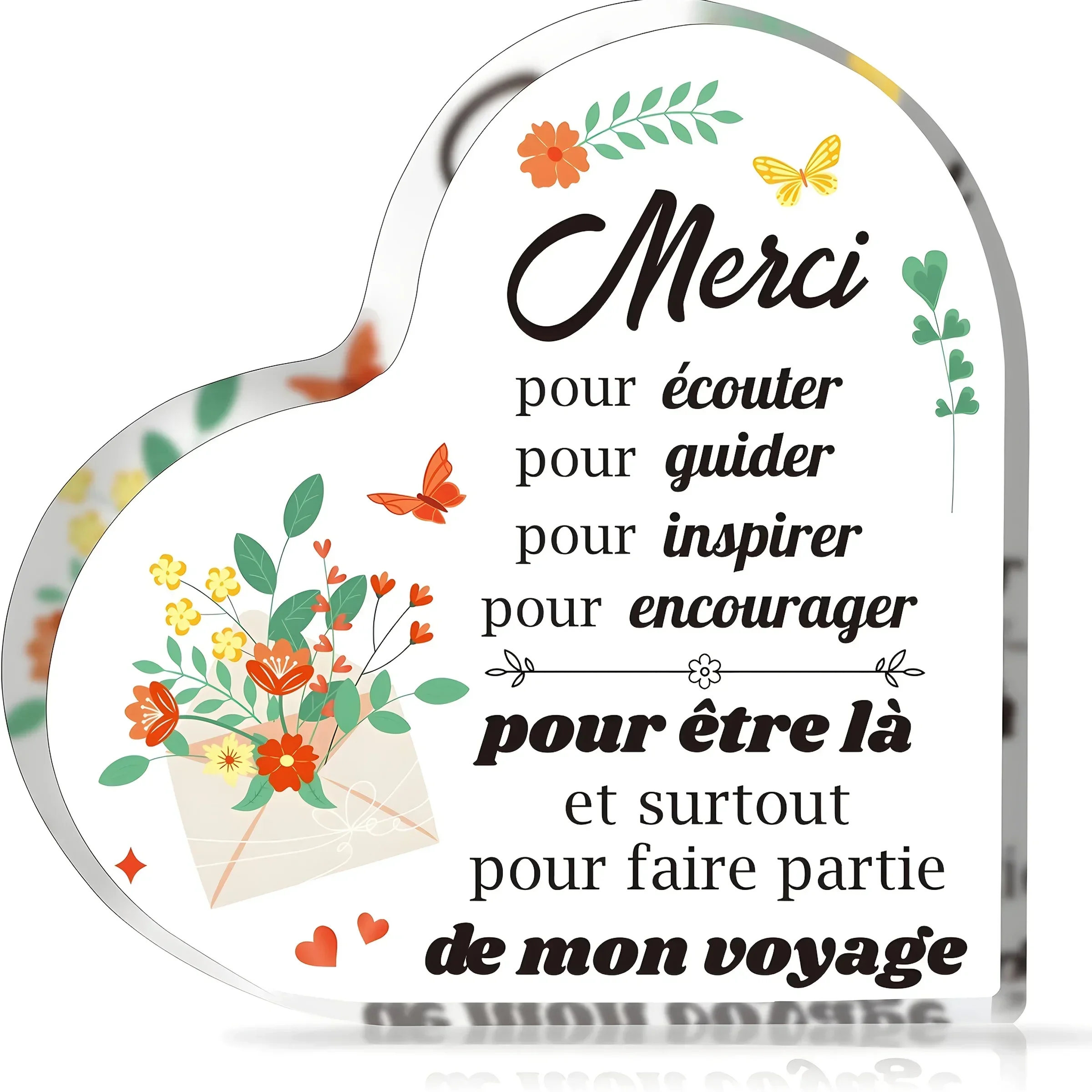 French Merci Thank You Quote Heart Acrylic Plaque Floral Butterfly Design Appreciation Desk Gift