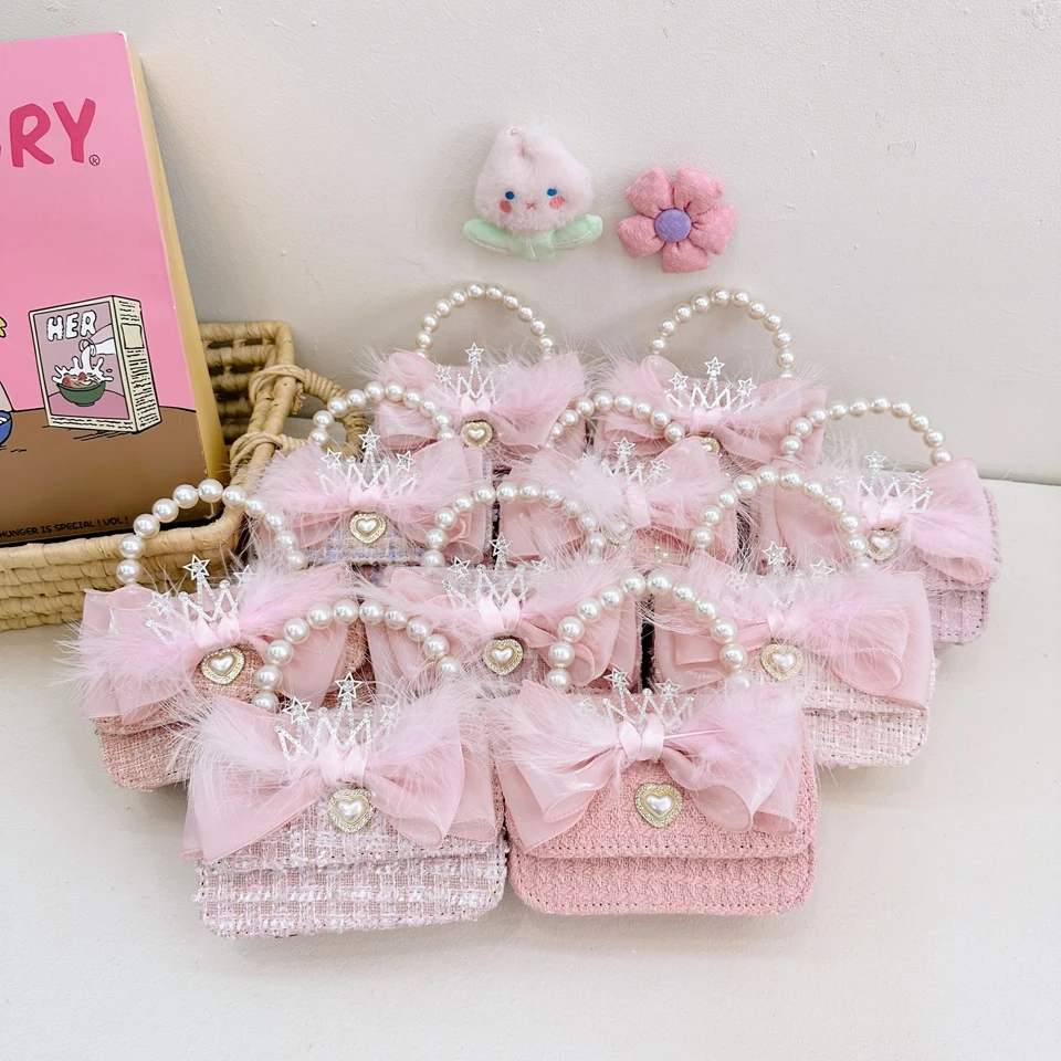 

New handbags mini purse Lattice girls bag wool bags for children's pink girls purses and shiny Pearl Handheld shoulder bag