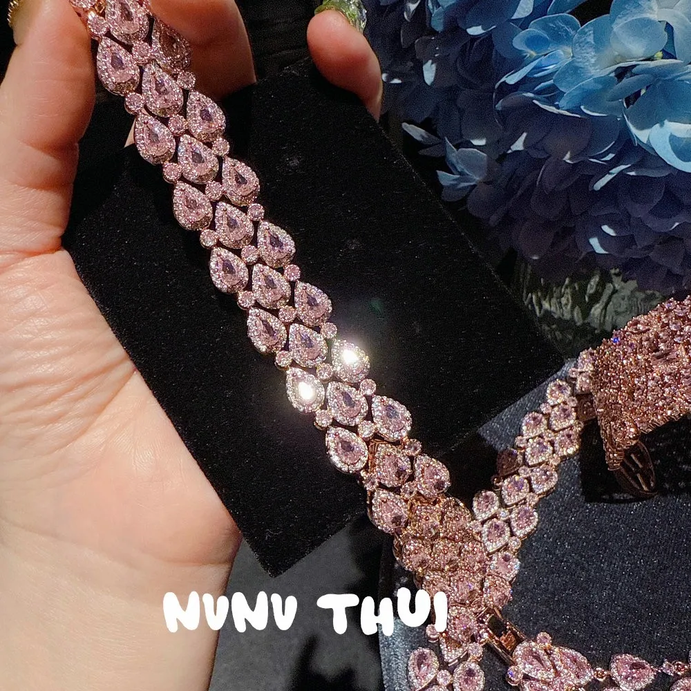JitDoo Women All-cover Zircon Pink Vintage Necklace Bracelet Earring Jewely Set