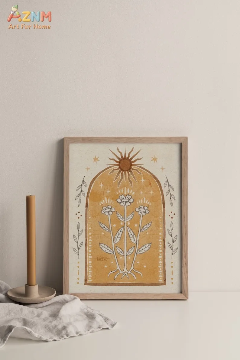 AZNM Boho Sun Floral Arch Canvas Print Vintage Yellow Watercolor Wildflower Star Minimalist Neutral Wall Poster Unframed Bedroom view 4