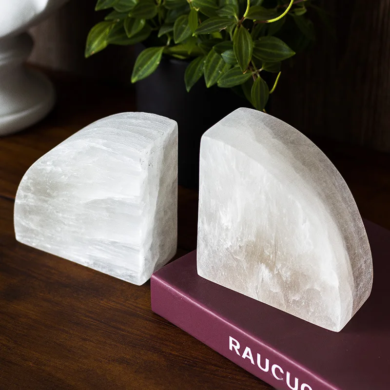 White Onyx Natural Gypsum Mine Bookend Real Stone Study Stationery Bookshelves Book Holder Book Stand Home Decoration