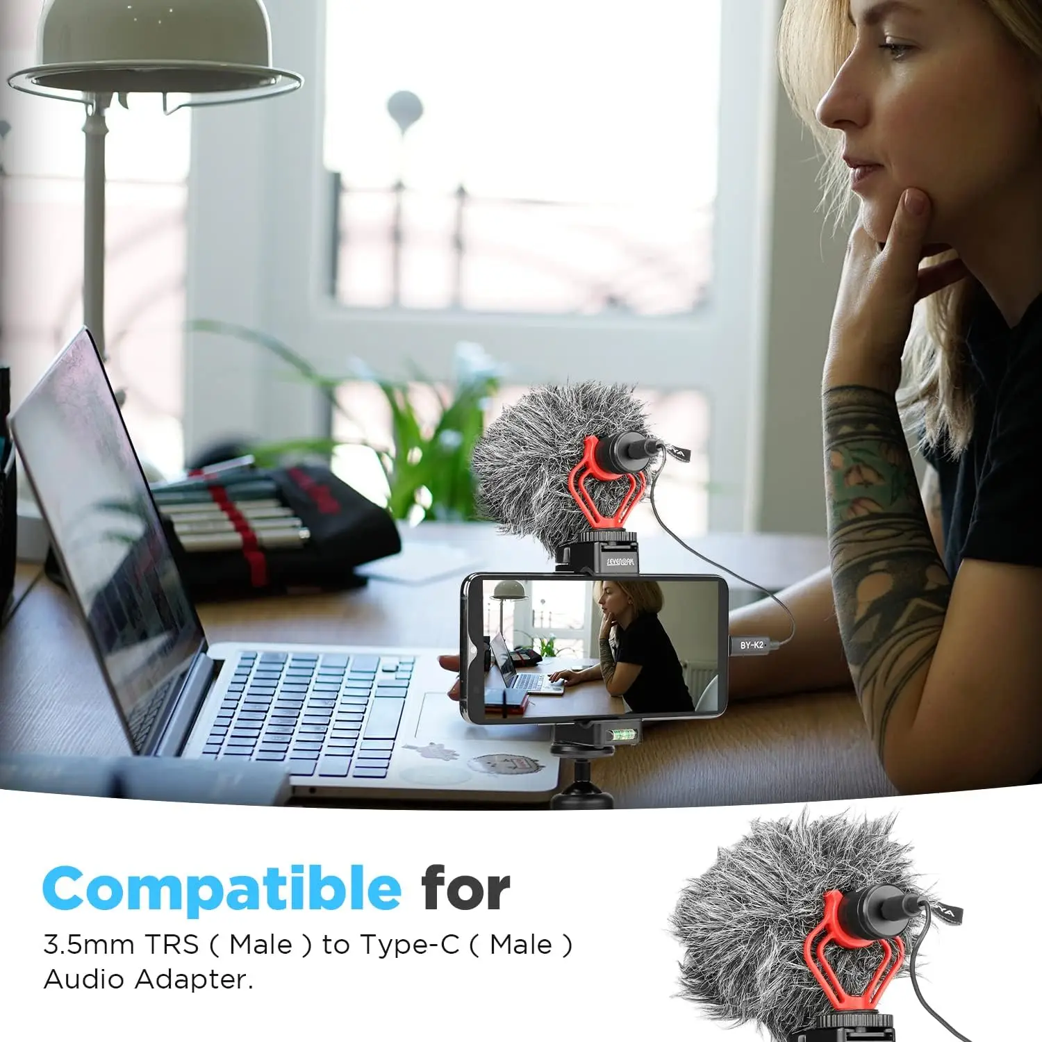 BOYA BY-K2 كابل محول صوت للميكروفون مقاس 20 سم 3.5 ملم TRS (ذكر) إلى Type-c (ذكر) لأجهزة Android PC والكمبيوتر المحمول USB-C