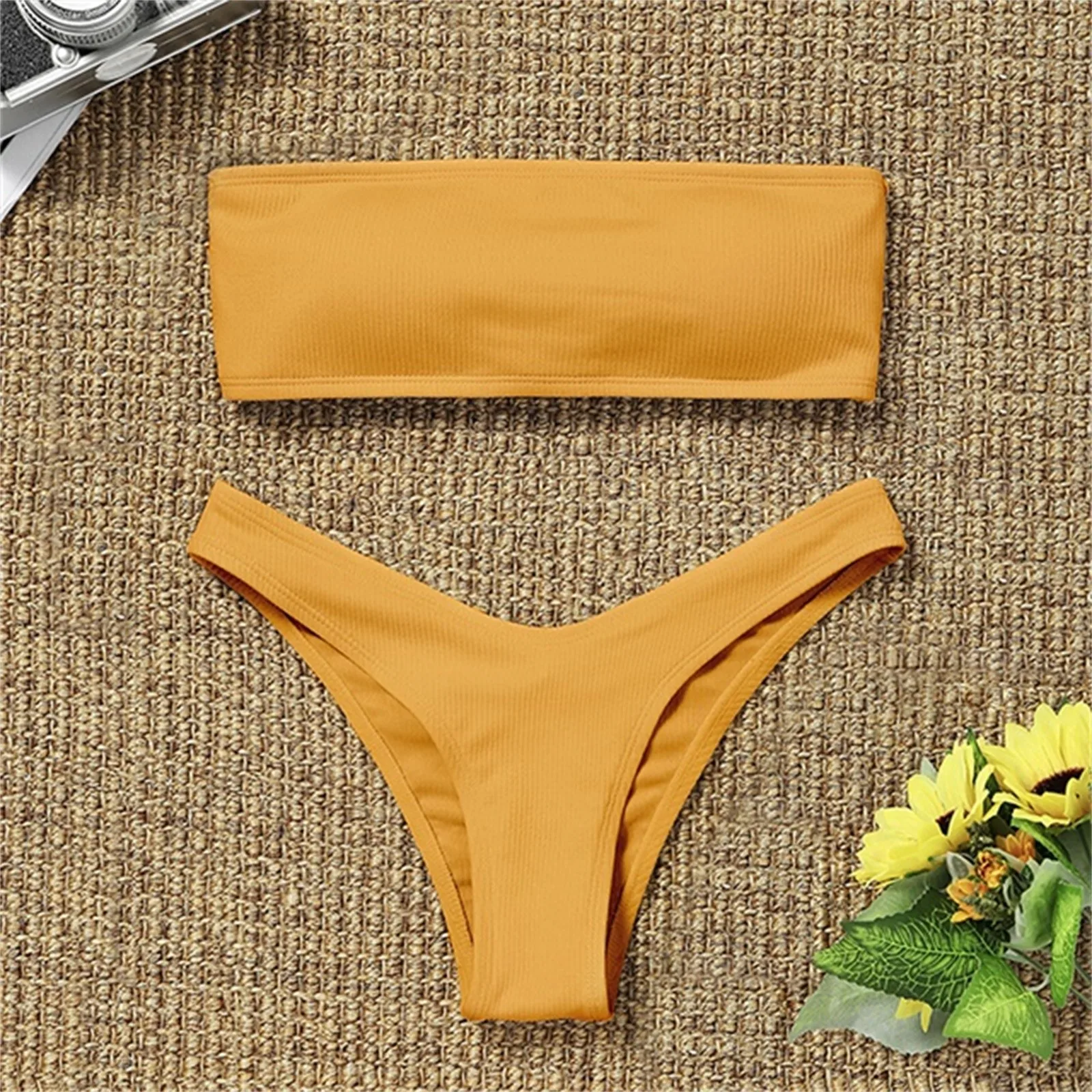 Conjunto de Bikini sin tirantes para mujer, bañador Sexy de cintura alta, traje de baño acolchado, de Color puro monokini, novedad de 2022