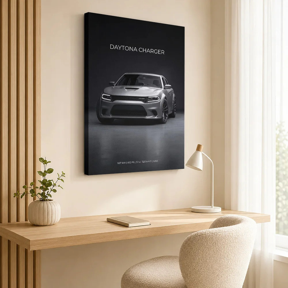 American Daytona Charger Car Canvas Poster Personalized Photo Dramatic Lighting On Dark Background Wall Art For Garage Lounge
