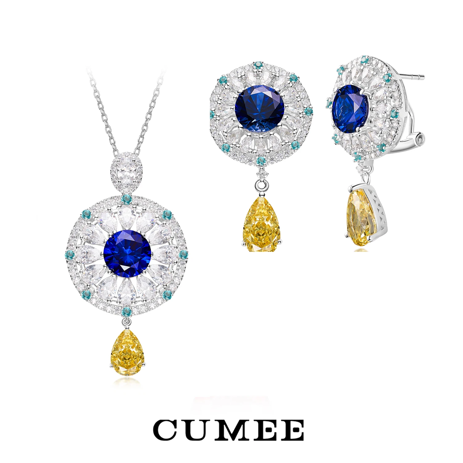 

CUMEE personalized antique style designer women's set blue and yellow artificial gemstone set, 925 silver gold-plated