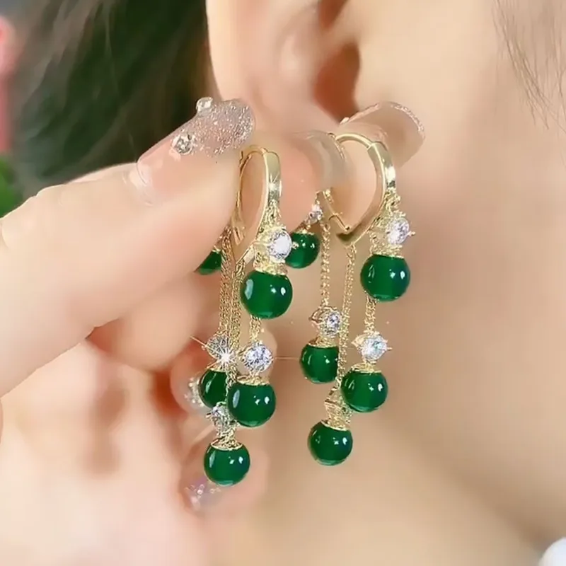 Korean Elegant Green Opal Tassel Earrings for Women Vintage Temperament Crystal Hoop Earring Bride Wedding Party Jewelry Gift