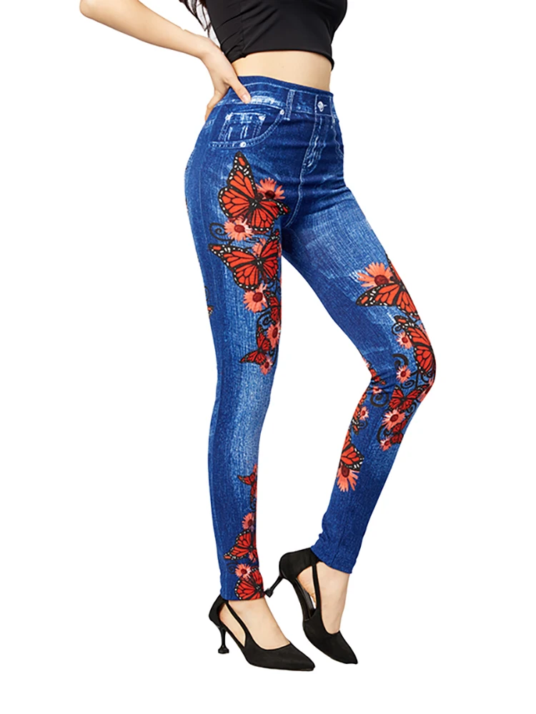 CUHAKCI Soft Women Red Butterfly Print Jeggings High Elastic Vintage Fake Jeans Fitness Slim Fit Sports Yoga Leggings