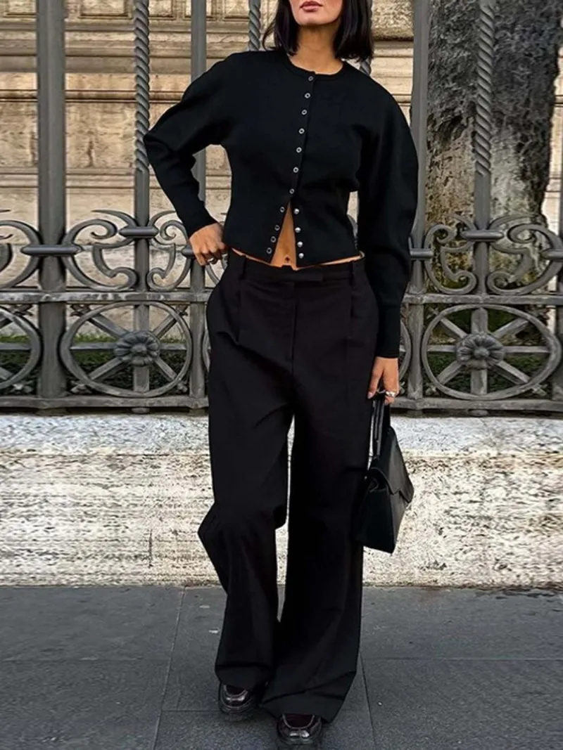 

Woman Clothes O-neck Single Breasted Cardigan Tops Female Autumn Winter Long Sleeve Solid T-shirts Y2K Streetwear Girl Tee Shirt