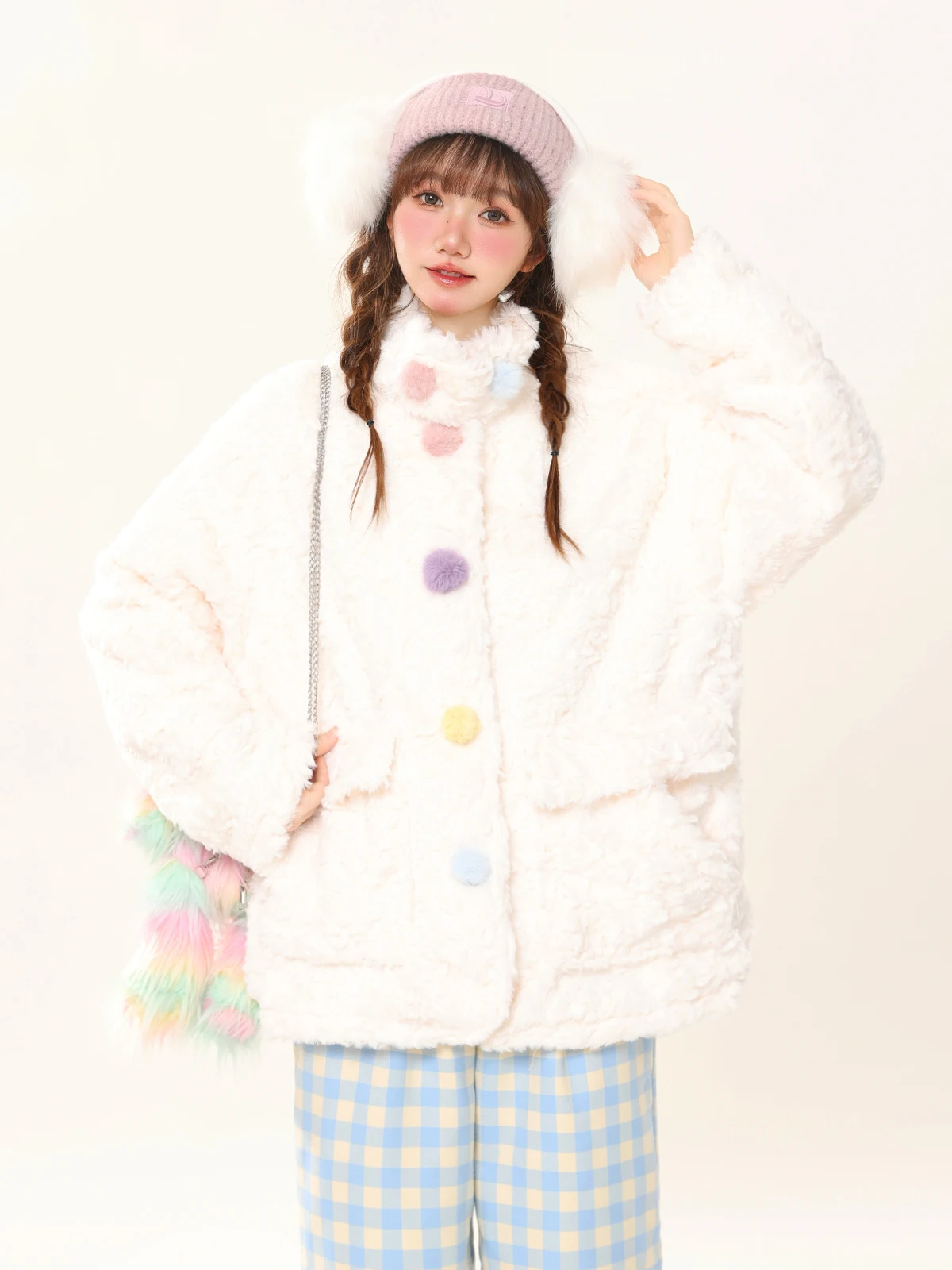 

ENJOG Fluffy Lambskin Cotton Jaet Women's Winter Loose Warm Lazy Sle Sweet Cotton Coat Long Sve Stand Collar Regular L...