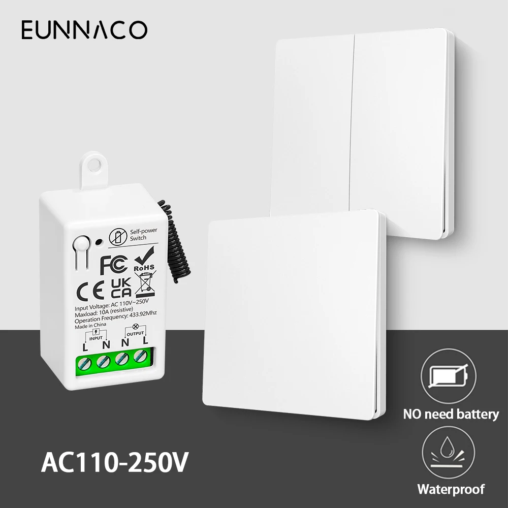 RF433MHz Wireless Mini Relay No Battery Required Self-Powered Waterproof Light Switch AC110V 220V for Home Lighting LED Fan TV