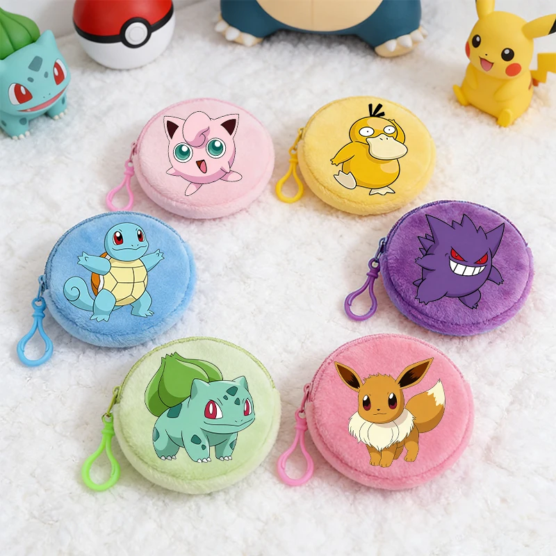 Monedero Redondo de Peluche de Pokémon para Niños y Niñas, Bonito Monedero de Anime, Cartera para Hombre, Bolsa de Almacenamiento para Auriculares, Llaves y Tarjetas de Identificación, Mini Bolsa de Bolsillo