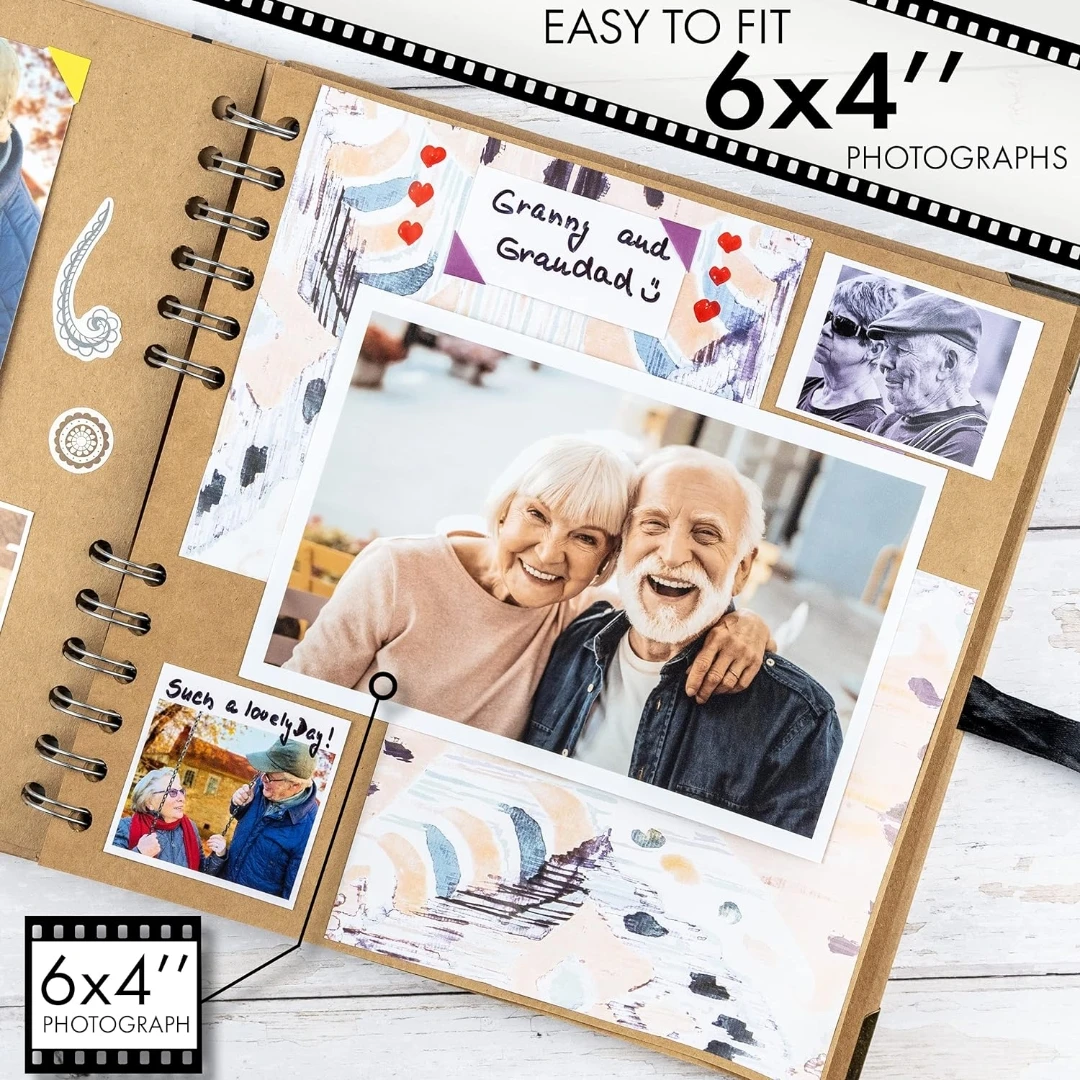 Scrapbook Album 60 Pages (8 x 8 inch) Black Thick 180gsm Kraft Paper, Corner Protectors - Scrap Book, Ribbon Closure