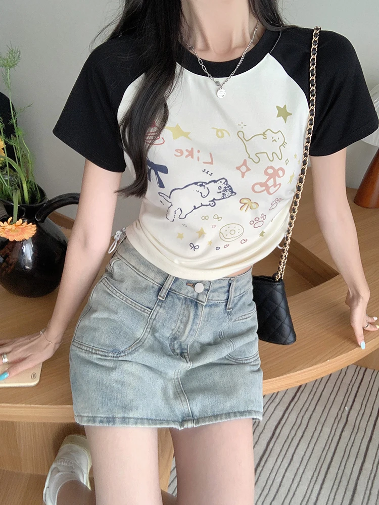 Harajuku Cartoon Print Women T-shirts Summer Short Sleeve Contrast Color Tees Expose Navel Drawstring Slim Waist Cropped Tops