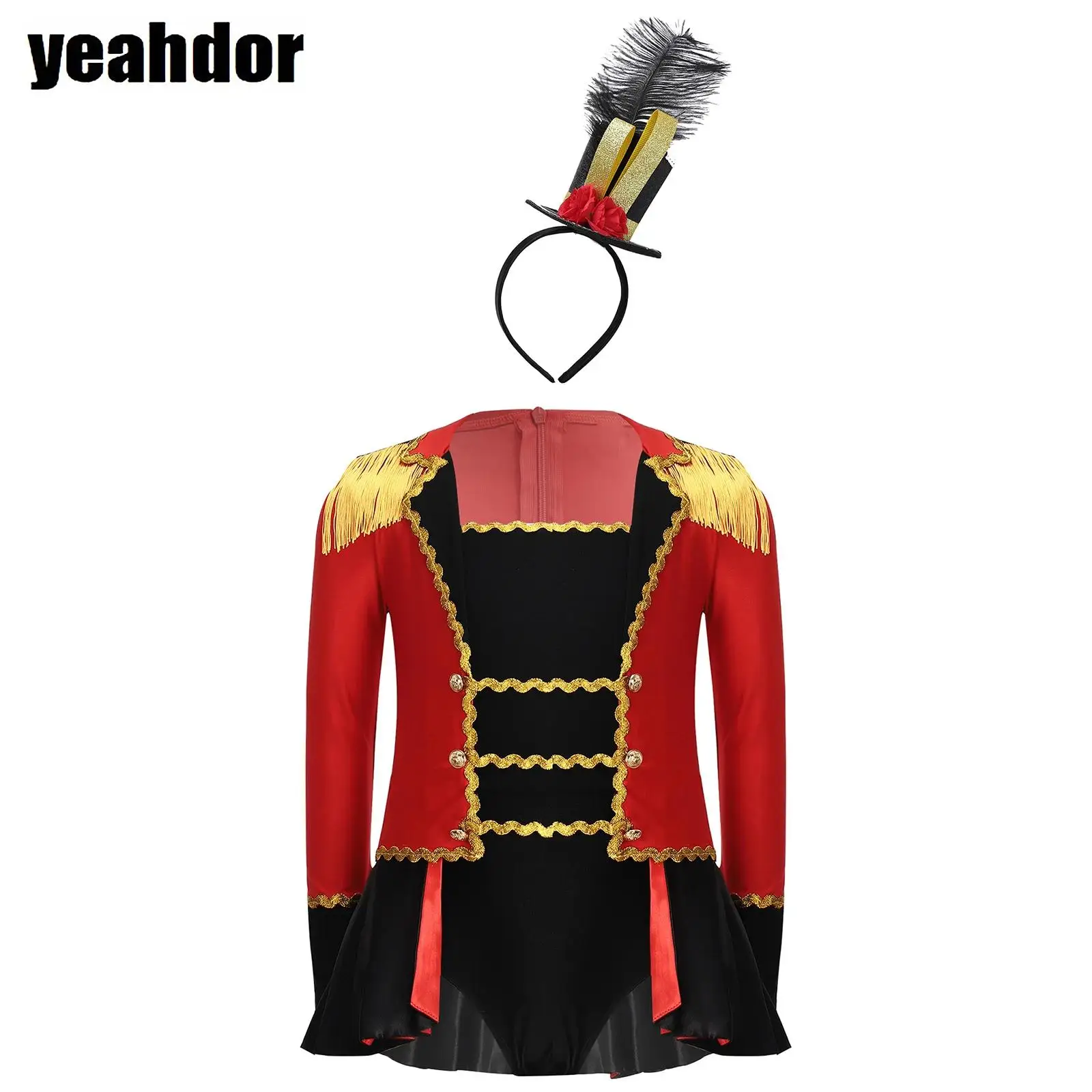 

Girls Circus Costume Halloween Ringmaster Jumpsuit Gold Trim Long Sleeve Tassels Epaulets Leotard Bodysuit Lion Tamer Showman
