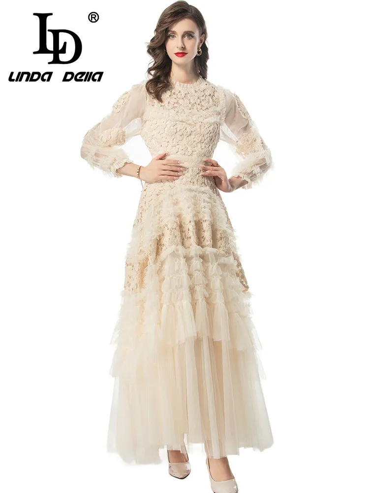 LD LINDA DELLA Fashion Designer Summer Dress Women's Vintage Solid Color Temperament Net Yarn Embroidery Cascading Ruffle Dress