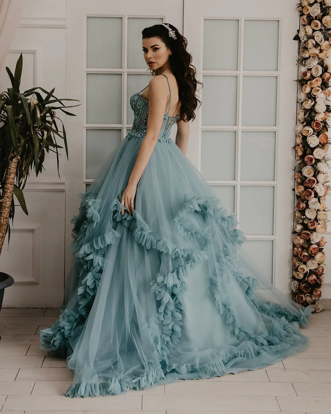 Dreamlike Blue Puff Tutu Tulle Bridal Dresses Delicate Appliques Lace Long Prom Gowns Pretty Women Maxi Dress