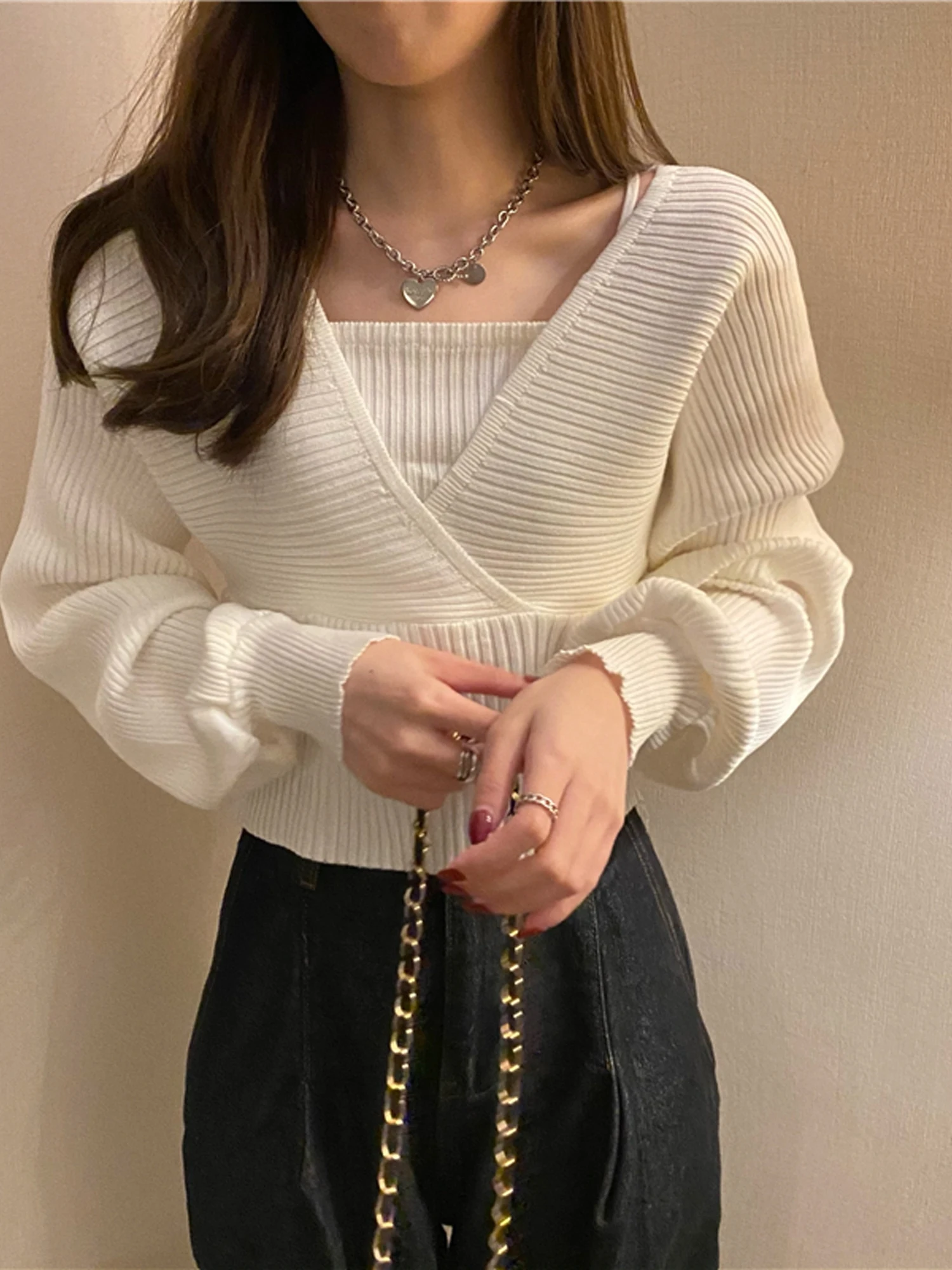 Chic Long Sleeve Knitted Dress Sexy Square Collar Strap Design Spring Autumn Casual Wear for Women Trendy Street Style
