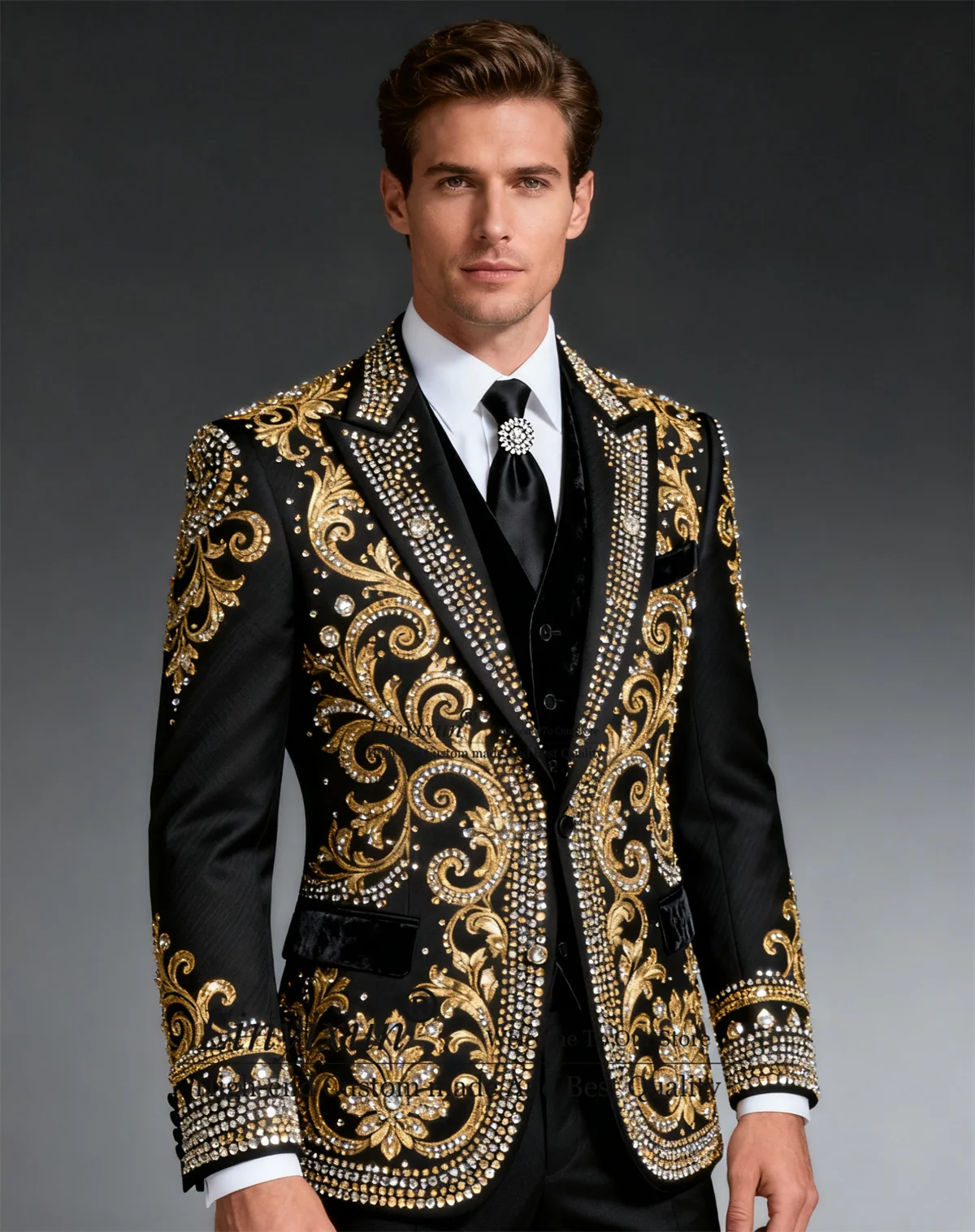 

Luxury Crystals Rhinestones Men Suits 3 Pieces Sets Groom Male Blazers Slim Fit Customized Wedding Tuxedos Formal Ropa hombre