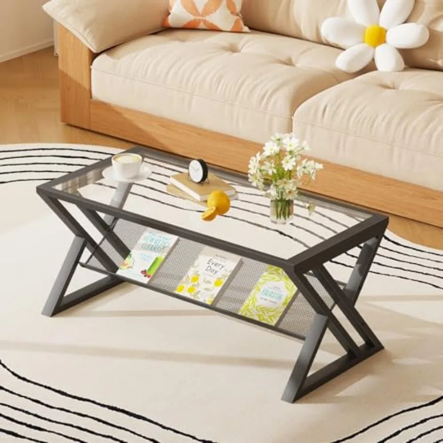 

Coffee Table Living Room Table with Storage Table Simple Modern Rectangular Tables with Sturdy Metal Frame Industrial Glass Cof