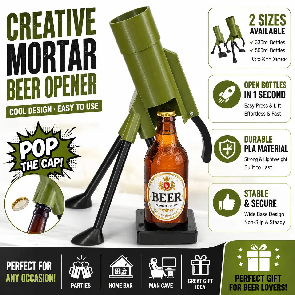 

Funny Beer Bottle Mortar Bottle Opener Home Beer Mortar Bottle Opener Hands-Free Push Down Bottles Cap Launcher Gadgets Tools
