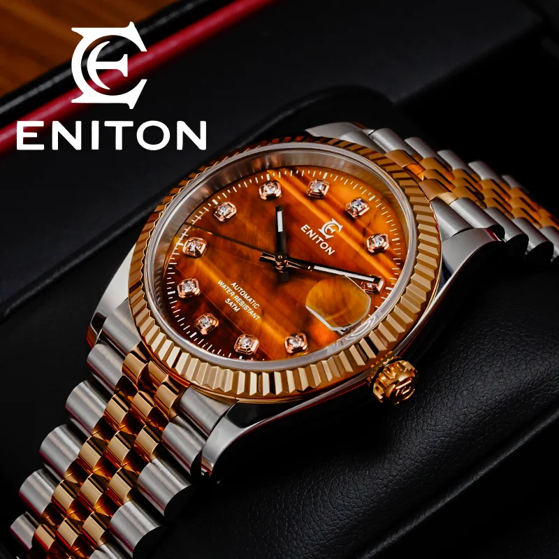 Мужские часы ENITON 36 мм с циферблатом из тигрового глаза, двухцветным ремешком, корпусом из нержавеющей стали 316L, механизмом NH35, водонепроницаемостью 5ATM, роскошные деловые часы