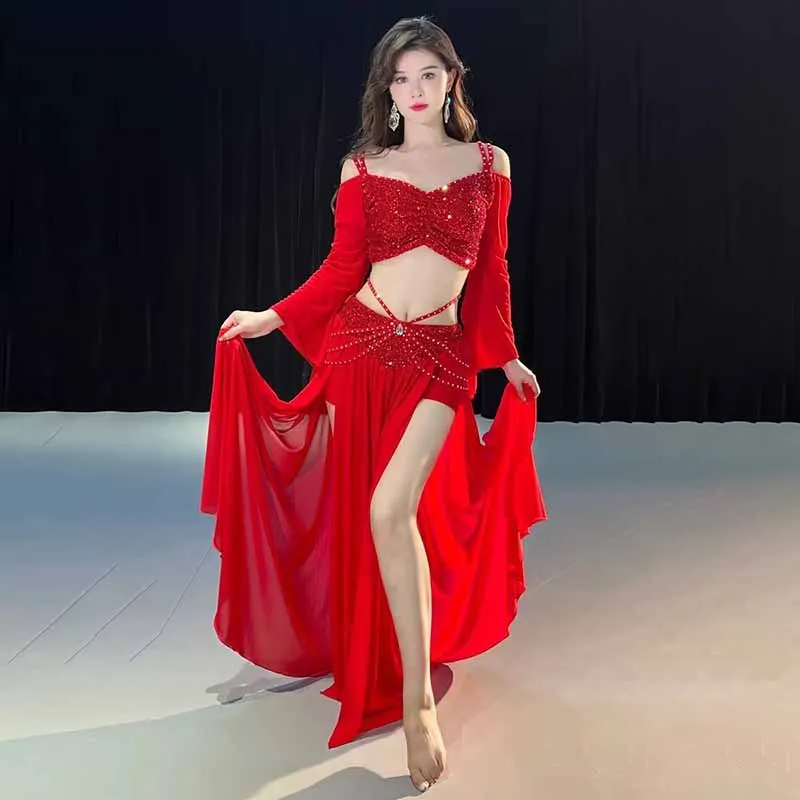 Costumes de danse du ventre à paillettes pour femmes, danse jazz, pole légiti, vêtements de pratique en maille, olympiques de performance sur scène, rouge