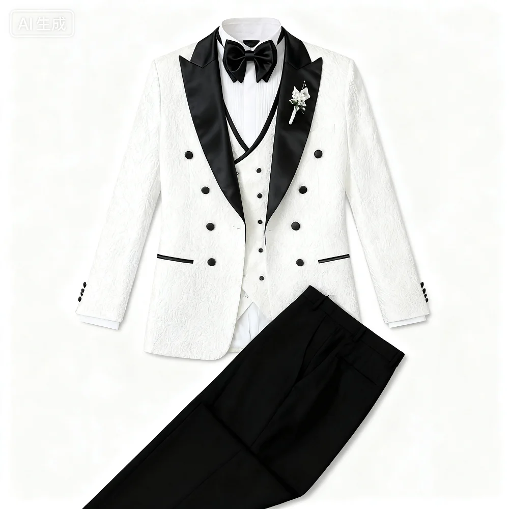

Men's Floral Wedding Tuxedo 3-Piece Set Double Breasted Jacket with Vest Peak Lapel Groom's Fashion Suit Male Wedding Attire