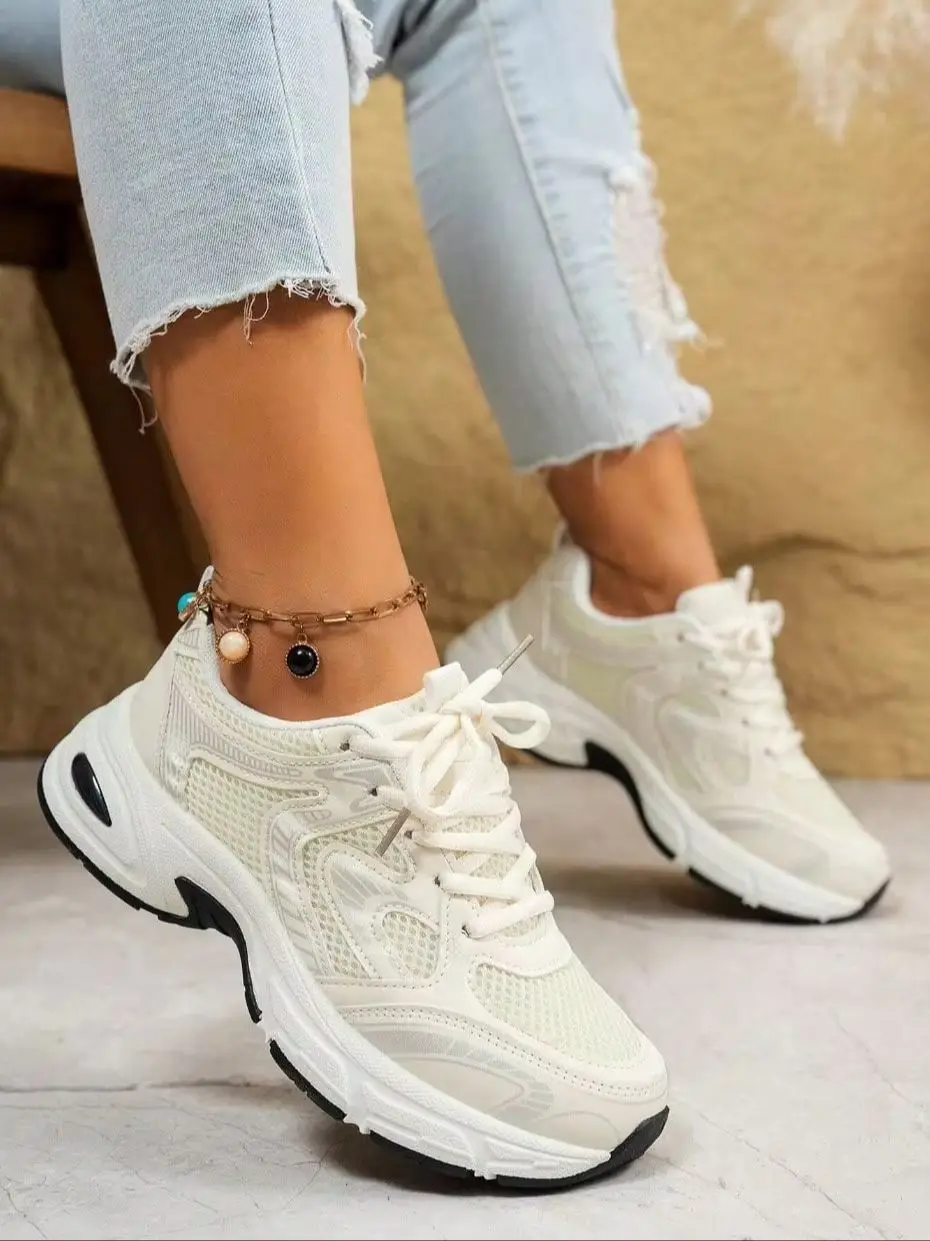 Women White Mesh Chunky Sneakers Summer Breathable Lace Up Platform Dad Shoes Casual Walking Sports Shoes