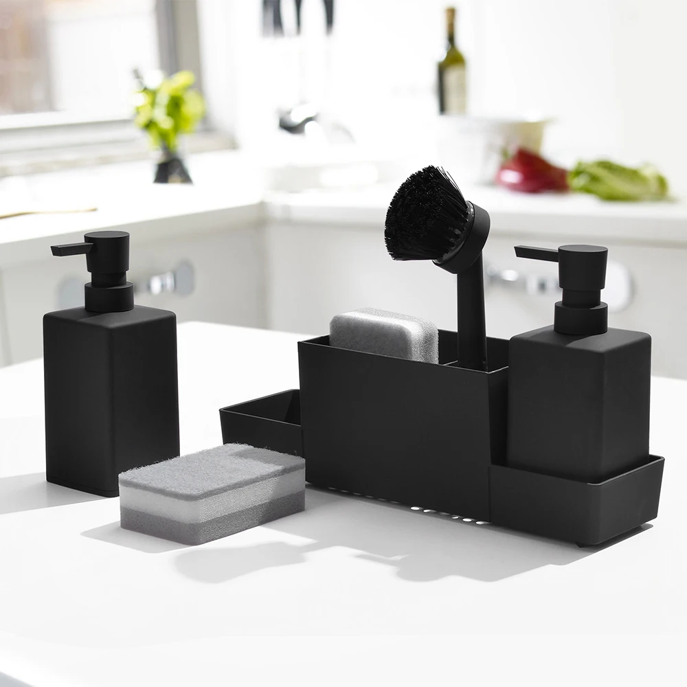 Kitchen Soap Dispenser with Sponge Holder Set for Sink Caddy, Hand Soap and Dish Soap Dispenser with Brush Matte Black