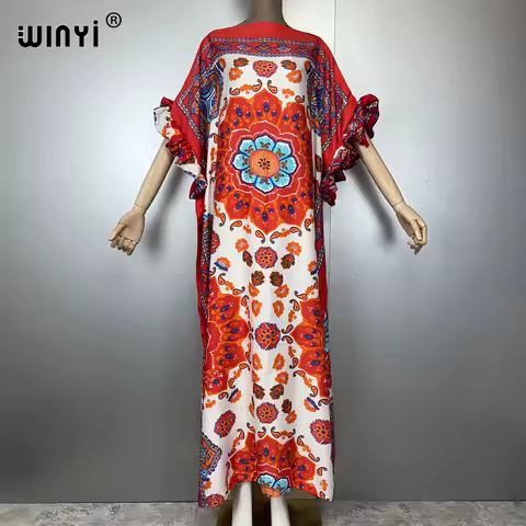WINYI summer boho evening dress dubai luxury Female loose Print kaftan muslim woman clothing holiday beach dress fashion Caftan