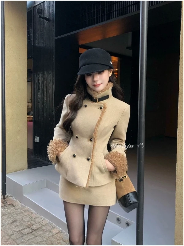 Winter Luxury Style Fur And Leather Double Breasted Coat And Skirt Set Fashionable Two Piece Suit for Women High Waist Skirt