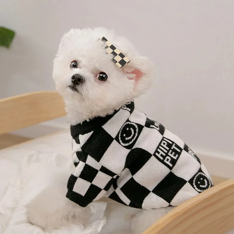 Dog Sweater Winter Puppy Clothes Warm Chessboard Cardigan Cat Sweater Pet Clothes French Bulldog Dachshund Pet Coat Jacket