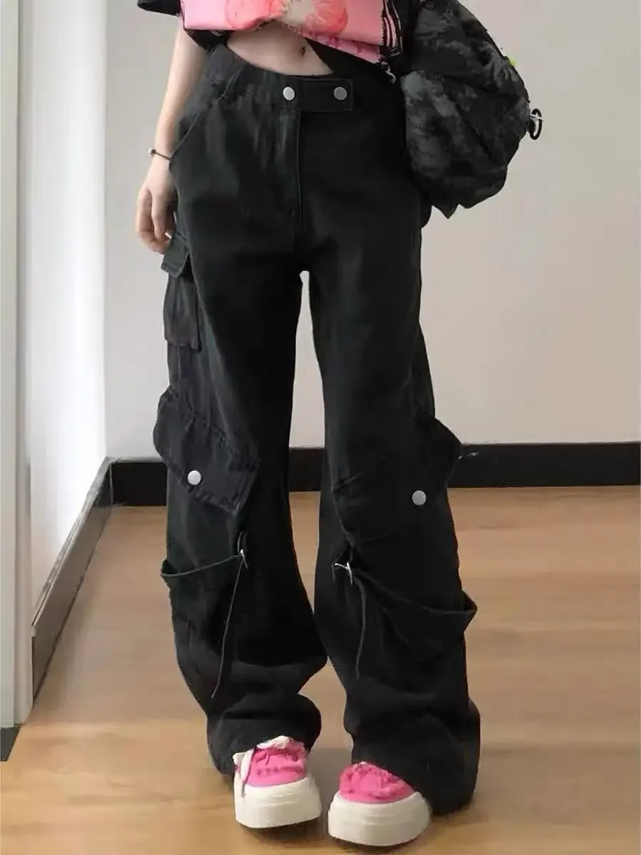 

new Women's Casual Retro Safari Style Emo Denim Trouser Loose Jeans 2025 Summer Y2K 2000s Black Full Length Solid Straight Pants