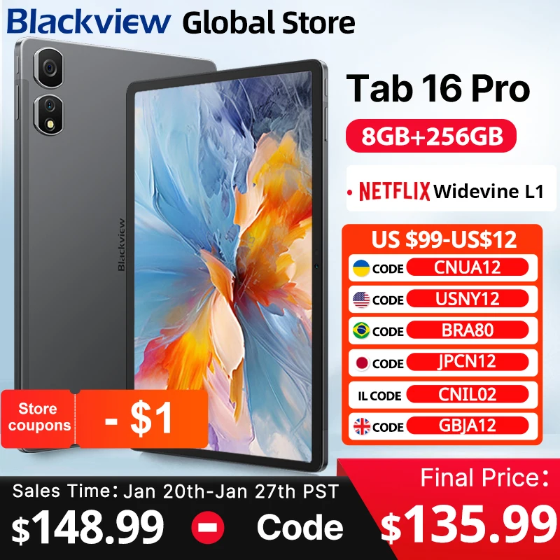 2024 Blackview Tab 16 Pro 태블릿 PC, 안드로이드 8GB + 256GB, 11 인치 FHD + 디스플레이, Widevine L1, 7700 mAh 배터리, Unisoc T616