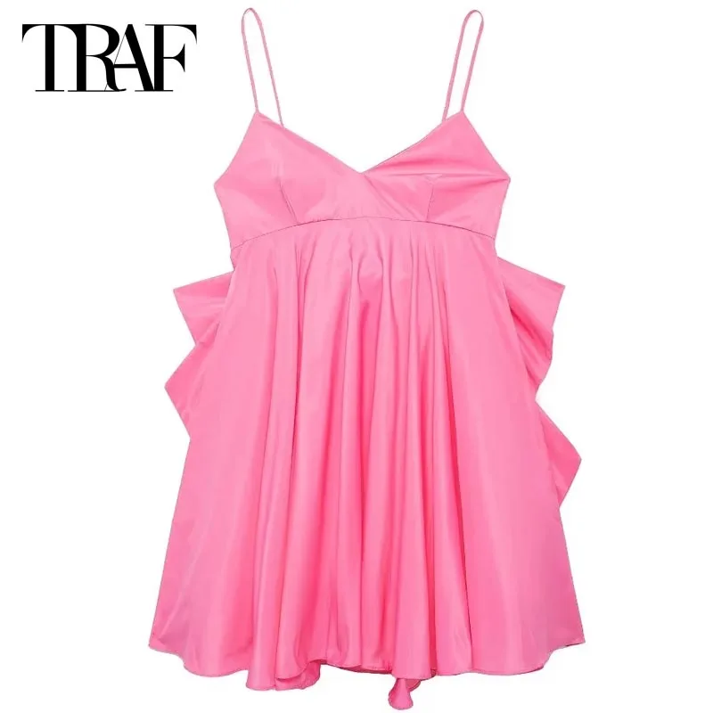 

TRAF Pink Bow Slip Dresses Women Mini Poplin Sleeveless Dress Summer 2024 Fashion Backless Short Dress Ladies High Street Dress