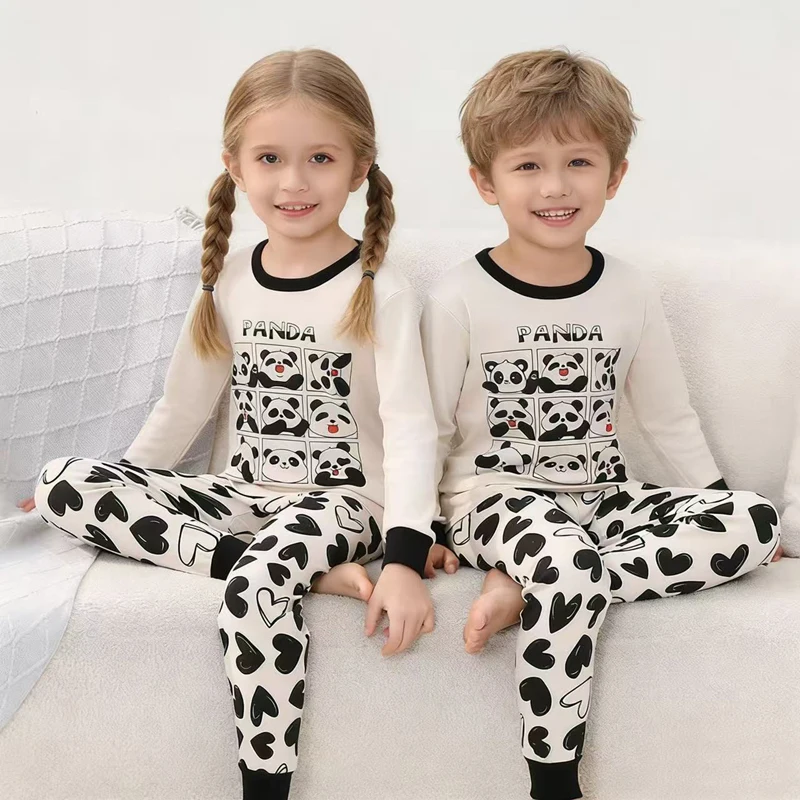 Children's 3x3 Grid Cartoon Print Loungewear Set, Spring/Autumn Boys' and Girls' Pajamas, Baby Pure Cotton Long Sleeve T