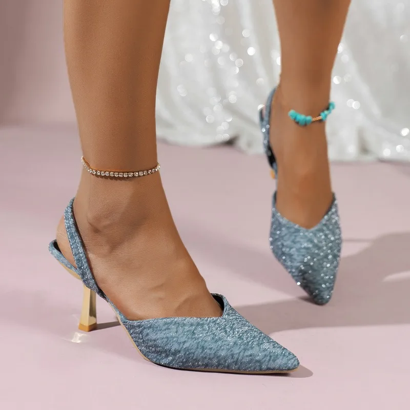 

New Women Slingback Back Strap Sandals Pointed Toe 9cm Thin High Heels Shoes Temperament Korean Close Toe Blue Denim Sandal